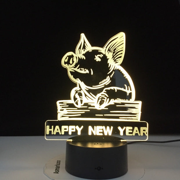 Happy New Year Colorful 3D Night Light Pig Night Light Eye Care LED Light Bedside Night Lamp Birthday Gift