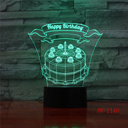 Happy Birthday Cake LED 3D Visual Lamp 7 Colors Changing Indoor Bedroom Night Light Acrylic Desk Lamp Love Present AW-1146