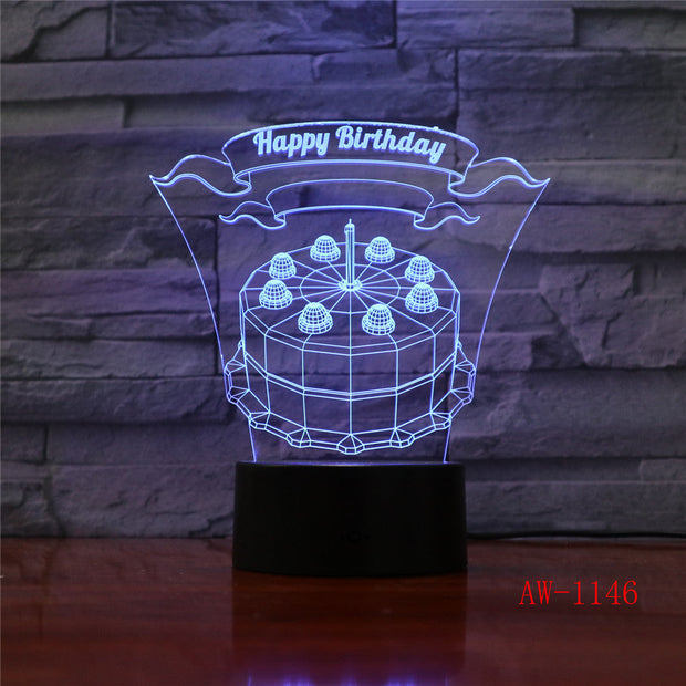 Happy Birthday Cake LED 3D Visual Lamp 7 Colors Changing Indoor Bedroom Night Light Acrylic Desk Lamp Love Present AW-1146
