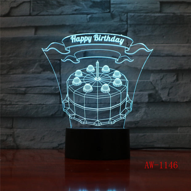 Happy Birthday Cake LED 3D Visual Lamp 7 Colors Changing Indoor Bedroom Night Light Acrylic Desk Lamp Love Present AW-1146