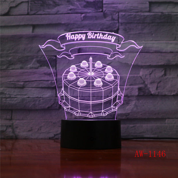 Happy Birthday Cake LED 3D Visual Lamp 7 Colors Changing Indoor Bedroom Night Light Acrylic Desk Lamp Love Present AW-1146