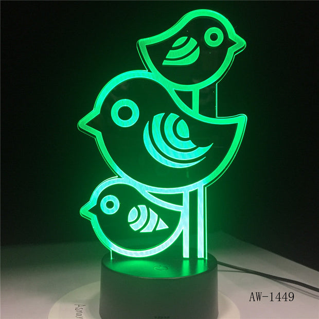 3D Led Baby Sleep Bedside Cartoon Home Decor Lighting 7 Colors Changing Night Lights Three Little Birds Light Fixture AW-1449