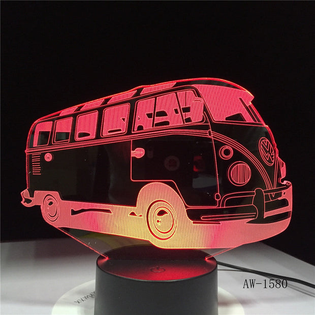 3D School Bus Night Light Acrylic Lights Lampara 7 Colorful Changing Table Lamp with Touch the Button Change the Colors AW-1580