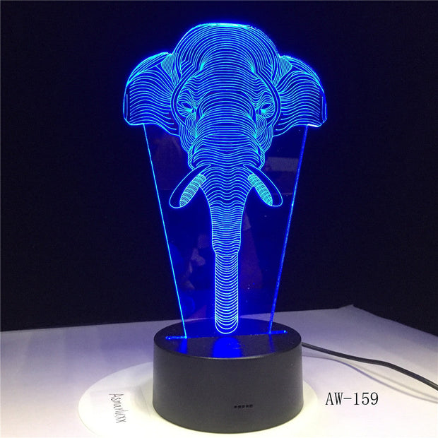 3D Elephant-Head LED 7 Color Change Flash Light Table Bedside Office Light Night Lamp Novelty Child Kid Holiday Gift AW-159