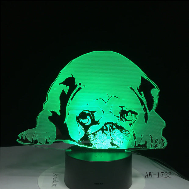 3D 7 Colors Changing USB Home Living Room Lighting Decor Acrylic Cute Pug Dog LED Table Lamp Touch Button Night Lights 1723