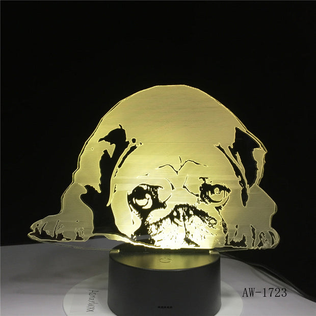 3D 7 Colors Changing USB Home Living Room Lighting Decor Acrylic Cute Pug Dog LED Table Lamp Touch Button Night Lights 1723