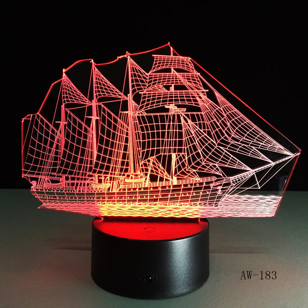 3D Retro Ancient Sailing Sea Boat Ship LED Lamp Chinese Style Multicolor Illusion RGB Night Light USB Table Desk Decor AW -183