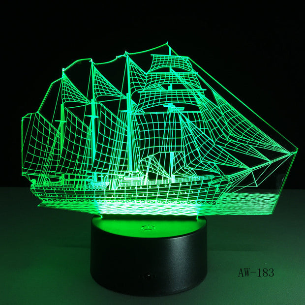 3D Retro Ancient Sailing Sea Boat Ship LED Lamp Chinese Style Multicolor Illusion RGB Night Light USB Table Desk Decor AW -183