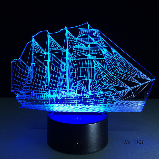 3D Retro Ancient Sailing Sea Boat Ship LED Lamp Chinese Style Multicolor Illusion RGB Night Light USB Table Desk Decor AW -183