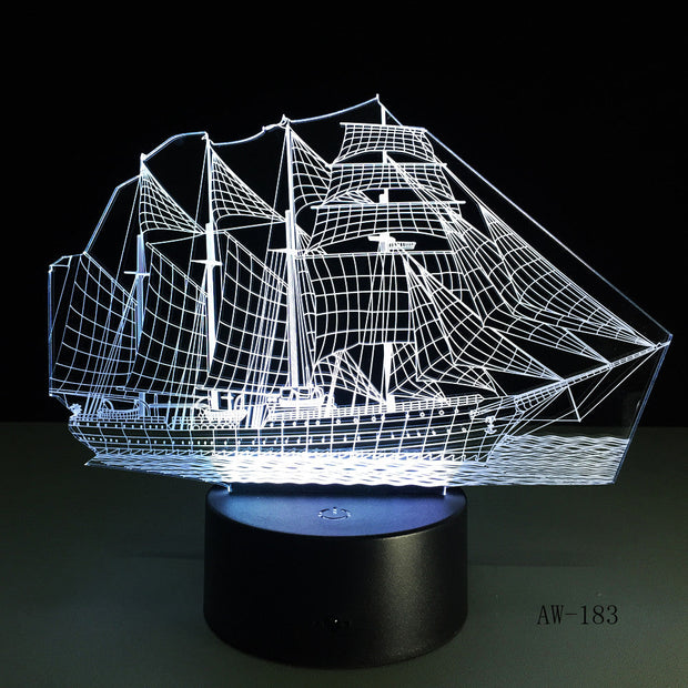 3D Retro Ancient Sailing Sea Boat Ship LED Lamp Chinese Style Multicolor Illusion RGB Night Light USB Table Desk Decor AW -183