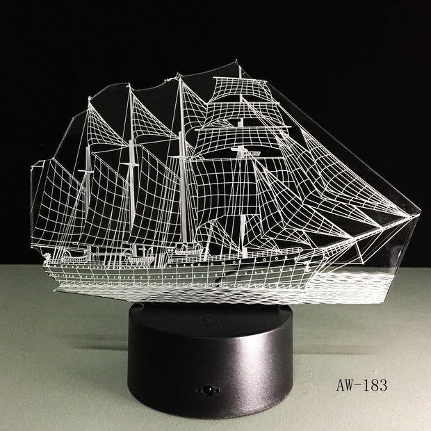 3D Retro Ancient Sailing Sea Boat Ship LED Lamp Chinese Style Multicolor Illusion RGB Night Light USB Table Desk Decor AW -183