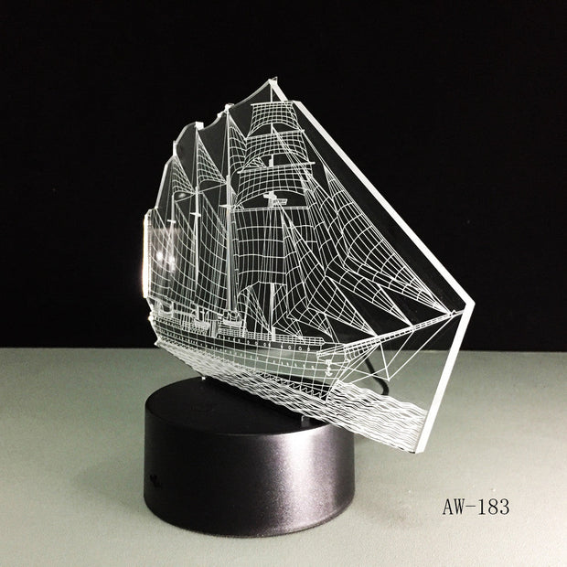 3D Retro Ancient Sailing Sea Boat Ship LED Lamp Chinese Style Multicolor Illusion RGB Night Light USB Table Desk Decor AW -183