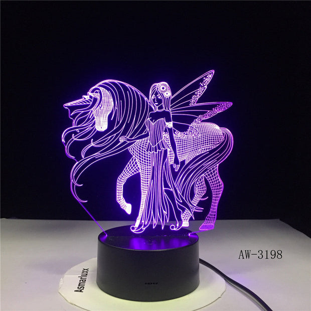 3D LED Night Light for Fairy Wings Unicorn and Girl with 7 Colors Light for Home Decoration Horse Lamp 3198