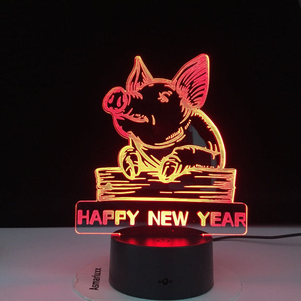 Pig Lamp Happy New Year Colorful 3D Night Light Pig Night Light Eye Care LED Light Bedside Night Lamp Birthday Gift