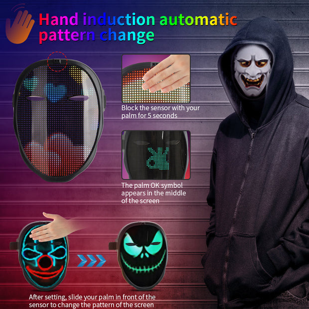 Bluetooth RGB Light Up LED Mask Diy Picture Animation Text Halloween Holiday Carnival Costume Party Game Child Masks Decor Gift