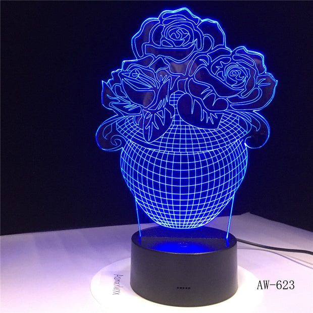 Romantic 3D LED Rose Flower 7 Color Change Illusion RGBW Mood DEC Home Base Table Night Light Kids Girlfriend Gift AW-623