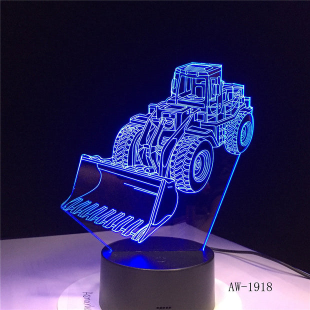 Bulldozer Tractor Truck Car 3D Night Light 7 Color Change LED Desk Lamp Acrylic Flat ABS Base USB Charger Home Decorate AW-1918